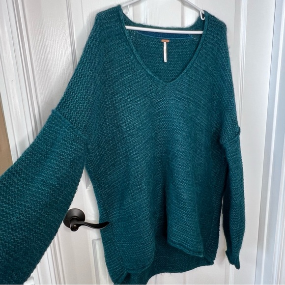 ⭐️ Free People All Mine V Neck Slouchy Alpaca Teal Blue Green Sweater MEDIUM - Picture 7 of 15